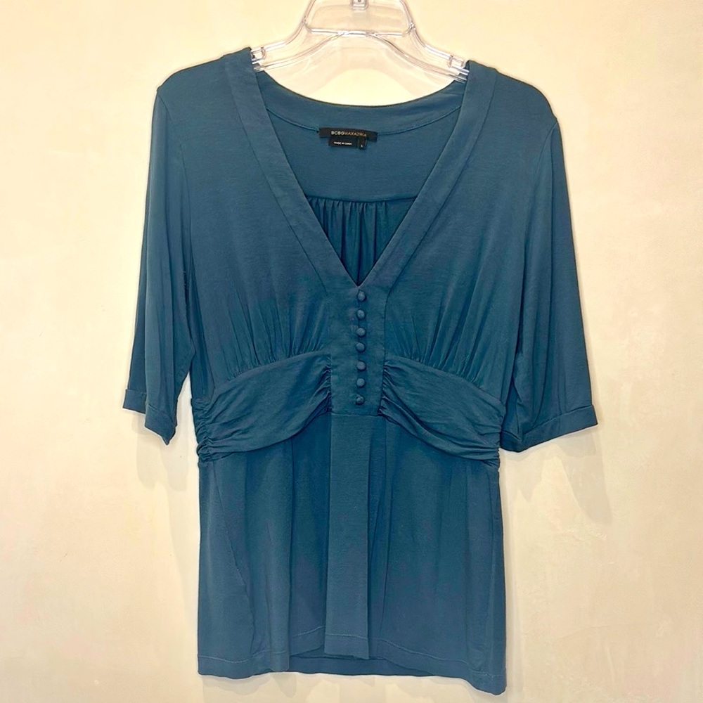 BCBG Saria Slate Blue/Gray Layered V-Neck Top w/ Buttons, Size Large - Picture 8 of 9